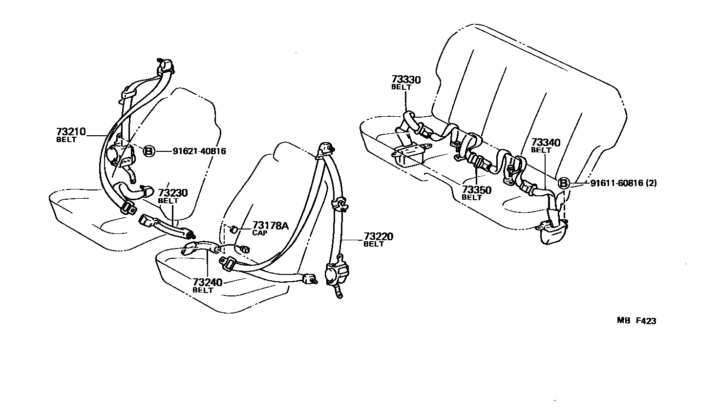 Toyota COROLLA 安全带和儿童保护座椅 EPC diagram — MBF423