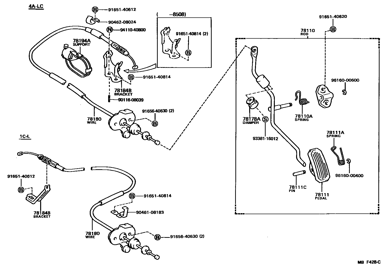 Toyota COROLLA accelerator pedal connecting rod EPC diagram — MBF428C