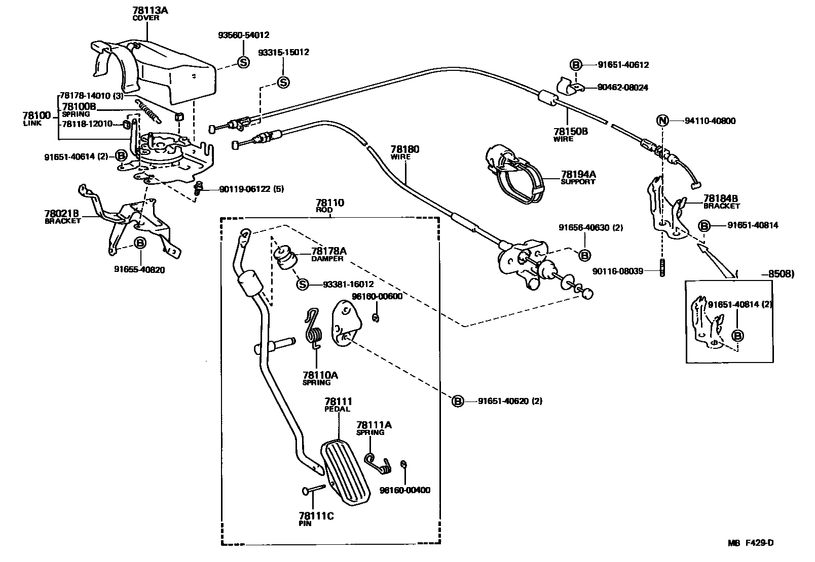 Toyota COROLLA accelerator pedal connecting rod EPC diagram — MBF429D