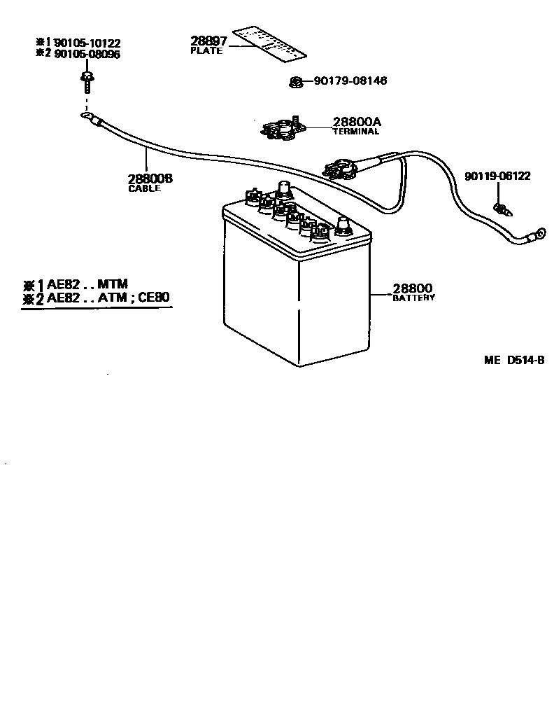 Toyota COROLLA 蓄电池和蓄电池电缆 EPC diagram — MED514B