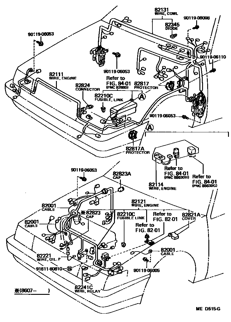 Toyota COROLLA 线束和卡夹 EPC diagram — MED515G