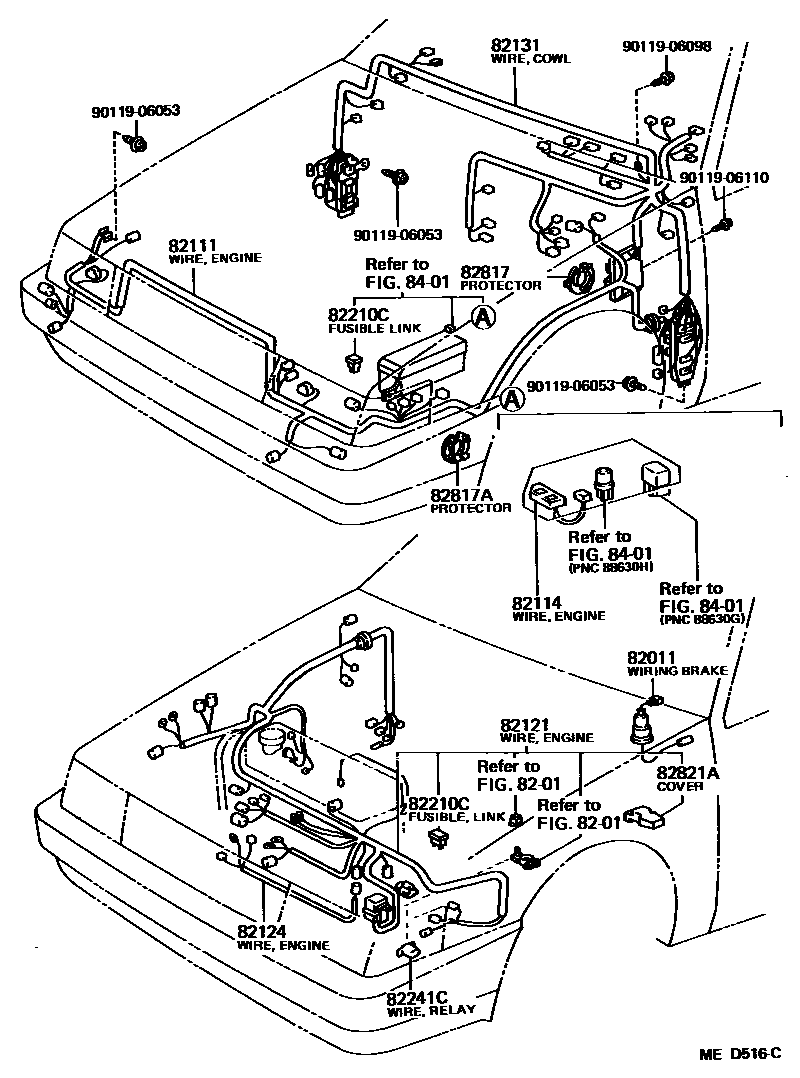 Toyota COROLLA 线束和卡夹 EPC diagram — MED516C