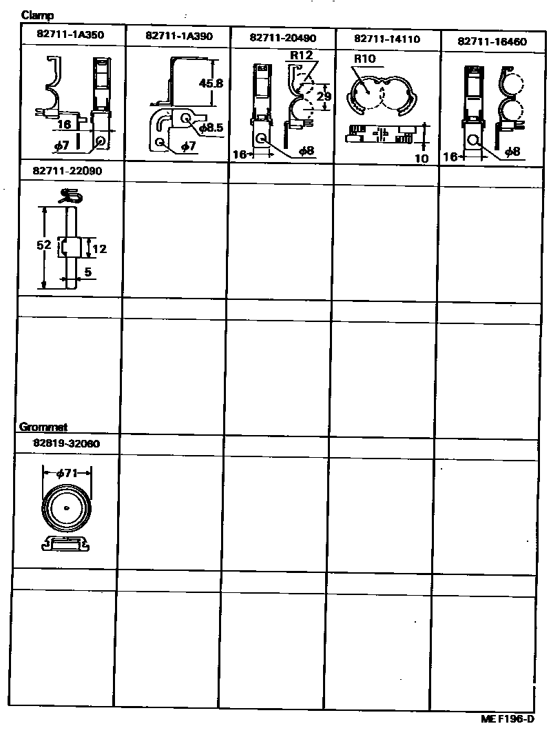 Toyota COROLLA 线束和卡夹 EPC diagram — MEF196D