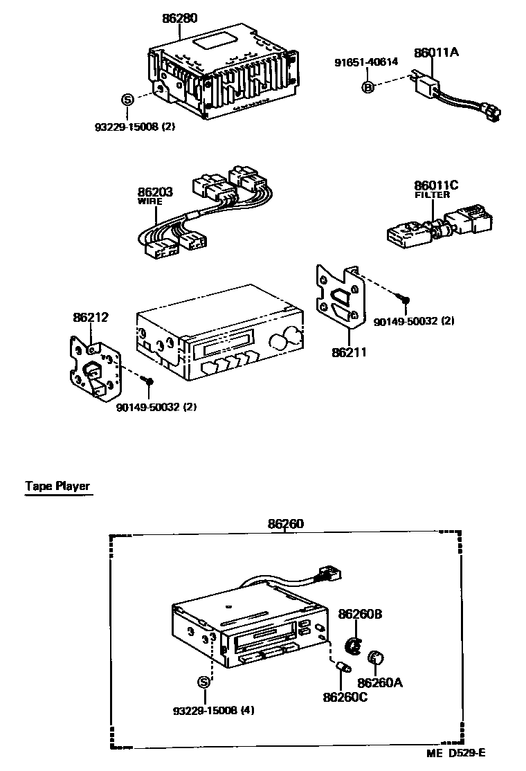 Toyota COROLLA 收音机、放大器和冷凝器 EPC diagram — MED529E
