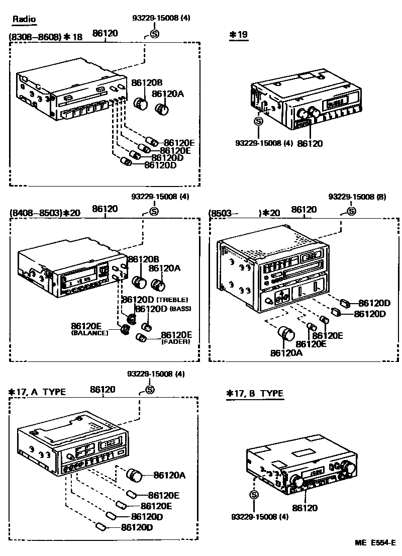 Toyota COROLLA 收音机、放大器和冷凝器 EPC diagram — MEE554E