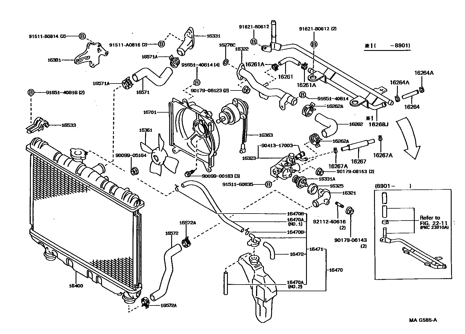 Toyota COROLLA RADIATOR & WATER OUTLET EPC diagram — MAG585A