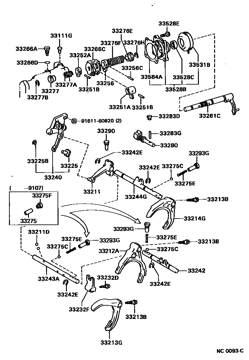 Toyota COROLLA 换档拨叉和换档杆轴(MTM) EPC diagram — NC0093C