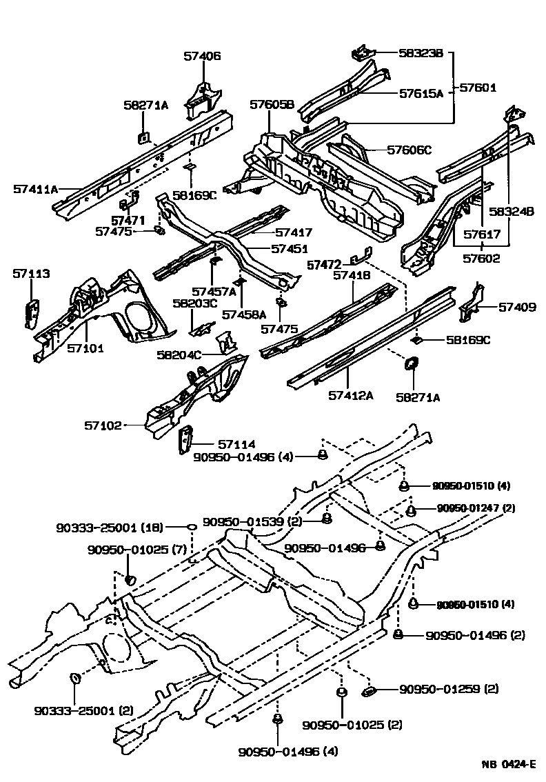 Toyota COROLLA Floor stringers EPC diagram — NB0424E