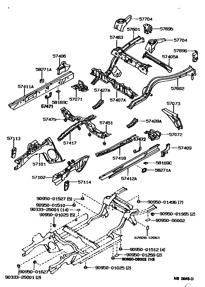 Toyota COROLLA Floor stringers EPC diagram — NB0646D