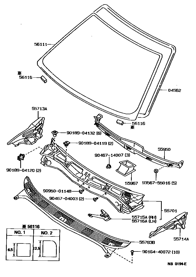 Toyota COROLLA 前围板和挡风玻璃 EPC diagram — NB0194E