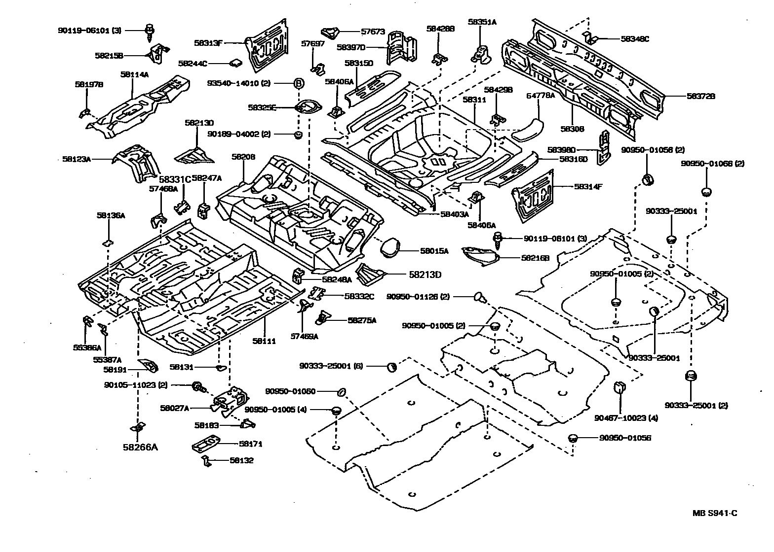 Toyota COROLLA 浅盘形地板和车身下背板 EPC diagram — MBS941C