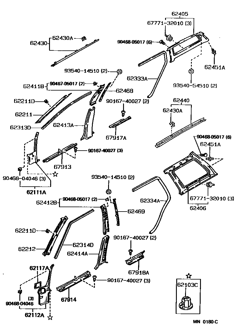 Toyota COROLLA 内饰板和车门防水胶条 EPC diagram — MN0180C