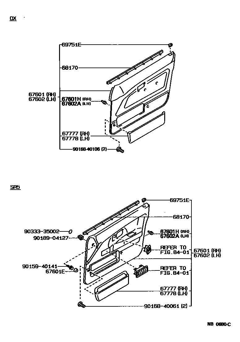 Toyota COROLLA 前门板和前门玻璃 EPC diagram — NB0680C