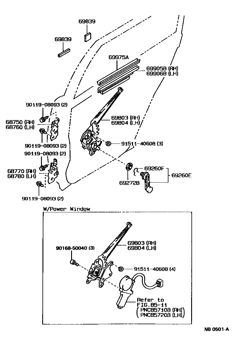 Toyota COROLLA 后门车窗升降器和合页 EPC diagram — NB0501A