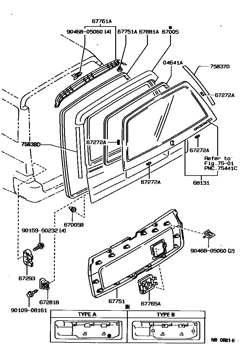 Toyota COROLLA 背门板和背门玻璃 EPC diagram — NB0681E