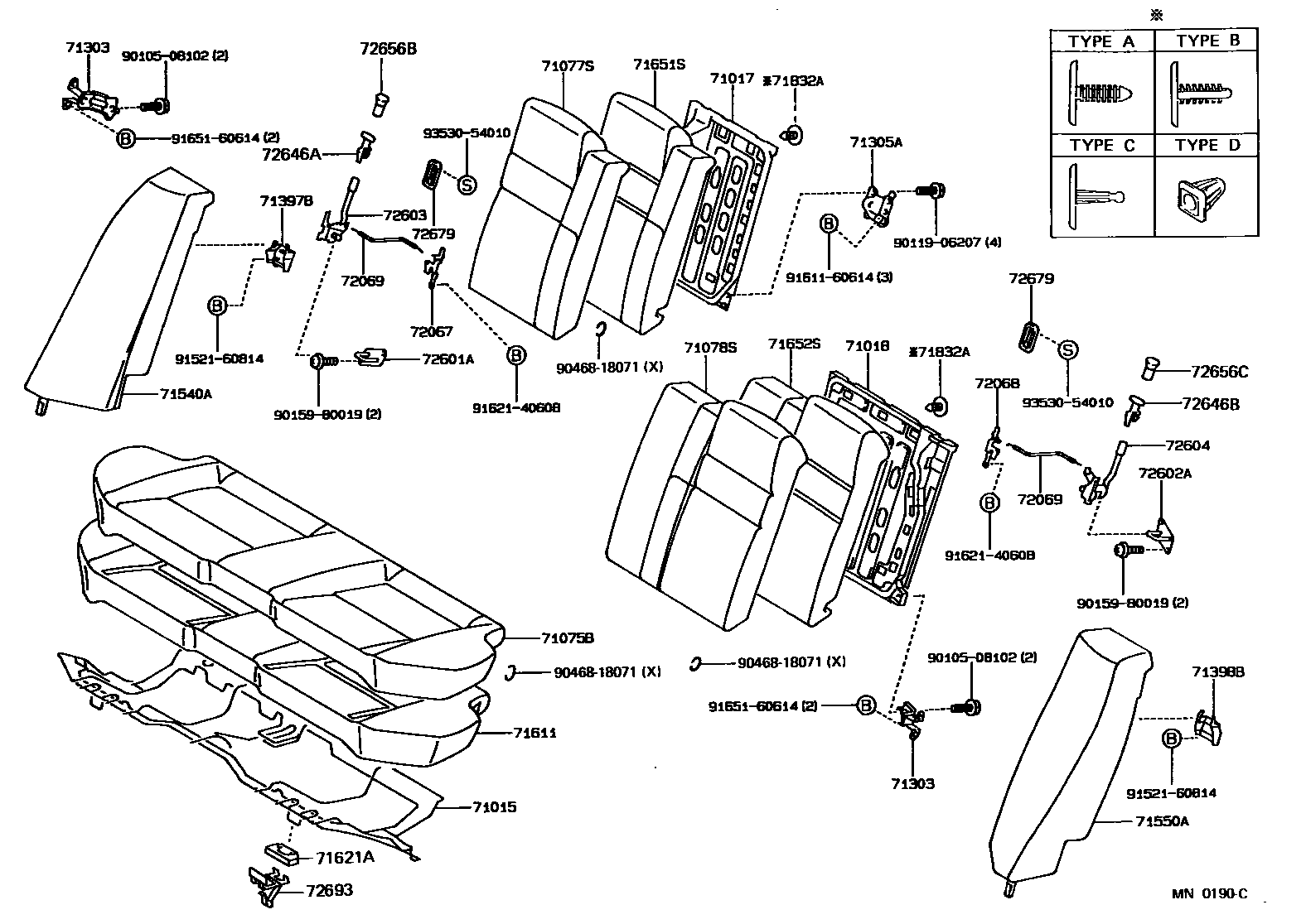 Toyota COROLLA 后排座椅和座椅滑轨 EPC diagram — MN0190C