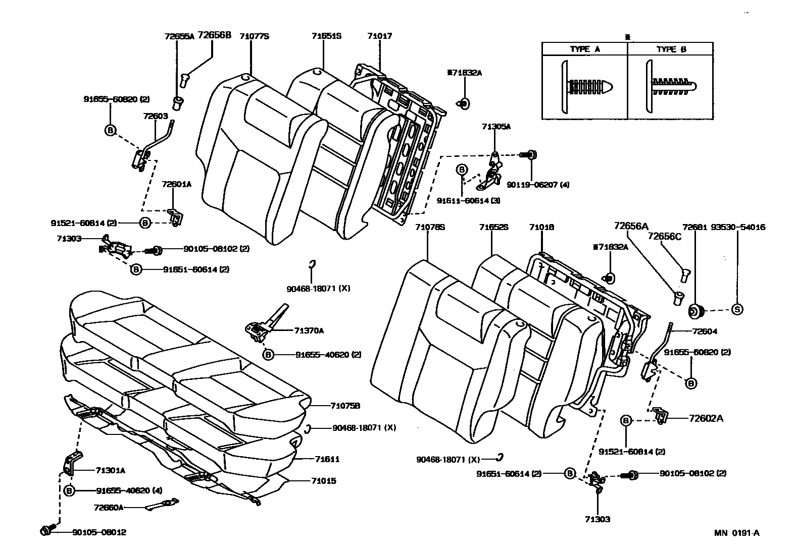 Toyota COROLLA 后排座椅和座椅滑轨 EPC diagram — MN0191A