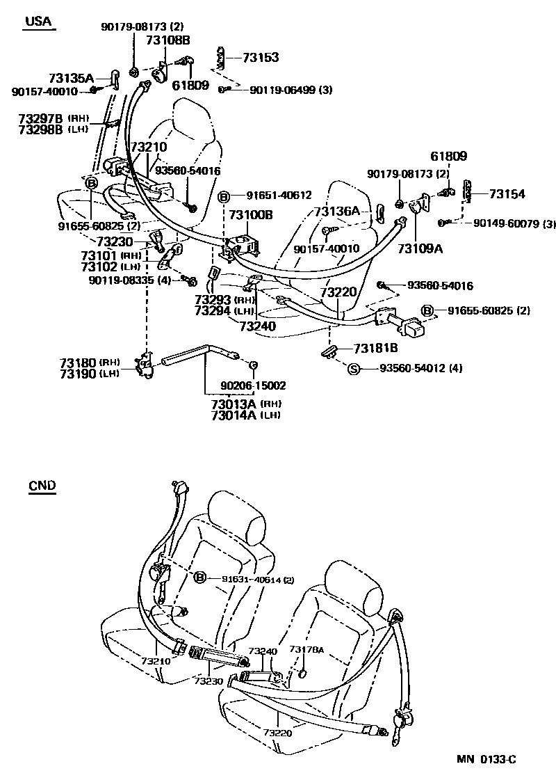 Toyota COROLLA 安全带和儿童保护座椅 EPC diagram — MN0133C