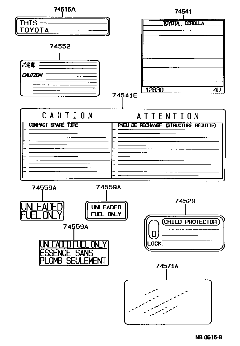 Toyota COROLLA 警示铭牌(车外和车内) EPC diagram — NB0516B