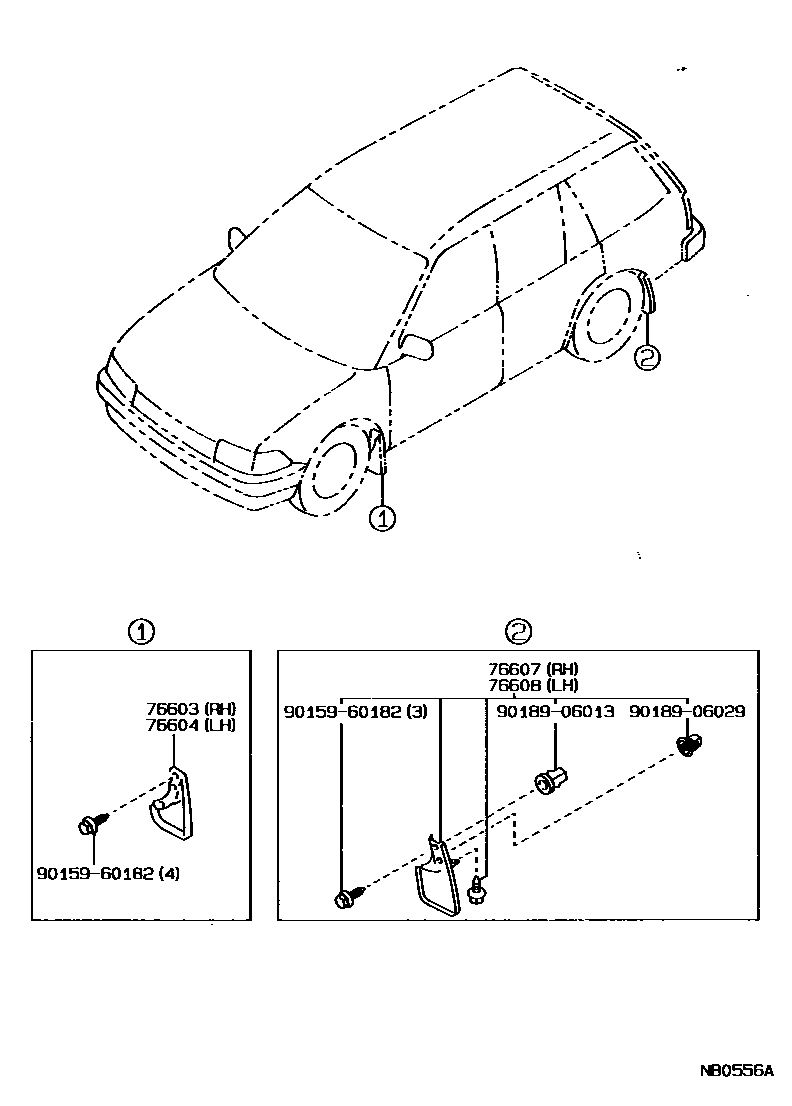 Toyota COROLLA 挡泥板和扰流板 EPC diagram — NB0556A