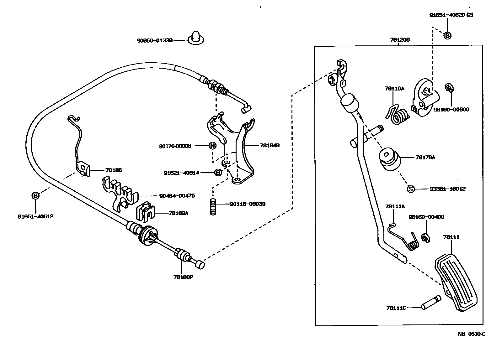 Toyota COROLLA accelerator pedal connecting rod EPC diagram — NB0530C