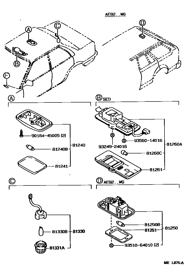 Toyota COROLLA 车内灯 EPC diagram — MEL875A