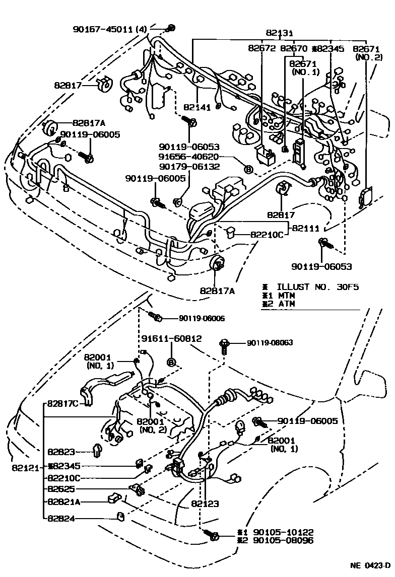 Toyota COROLLA 线束和卡夹 EPC diagram — NE0423D