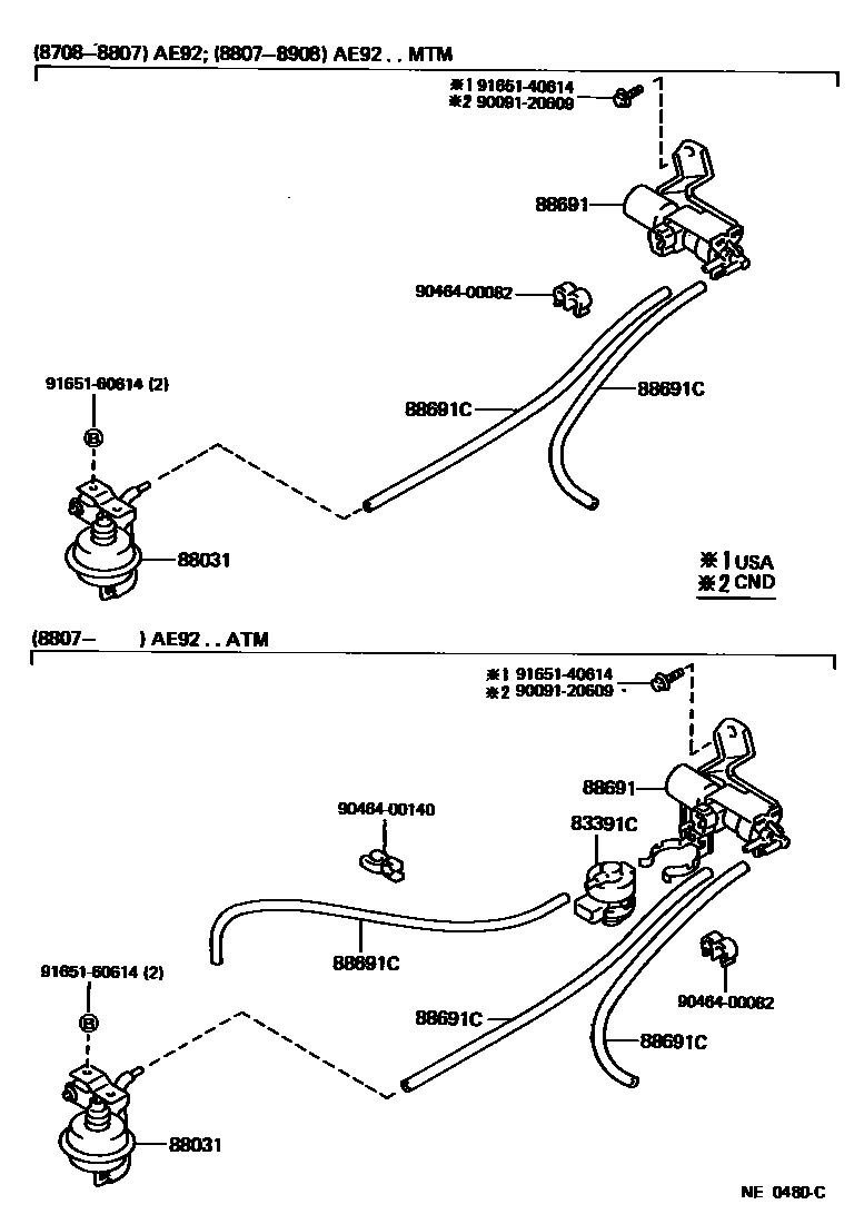 Toyota COROLLA 暖风和空调系统 - 真空管 EPC diagram — NE0480C
