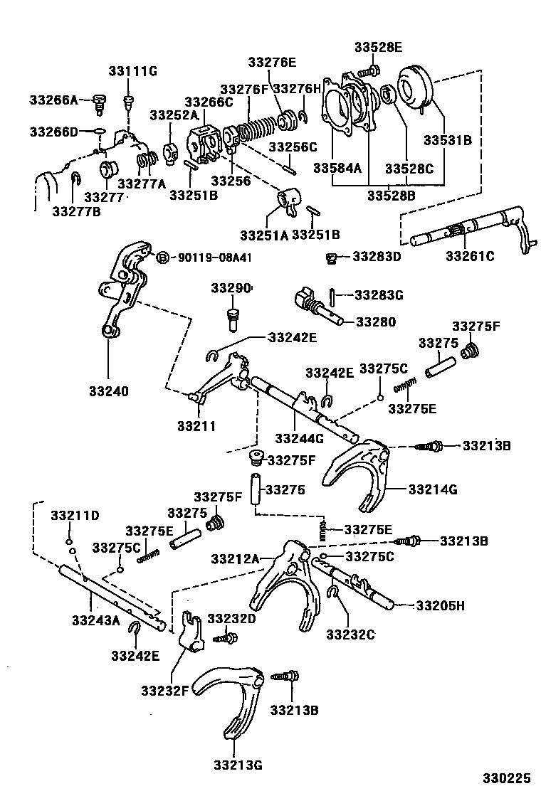 Toyota COROLLA 换档拨叉和换档杆轴(MTM) EPC diagram — 330225