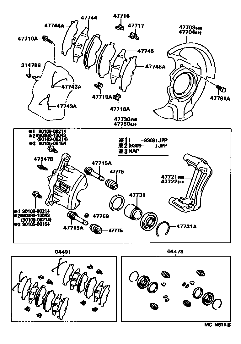 Toyota COROLLA 前盘式制动器卡钳和防尘罩 EPC diagram — MCN611B