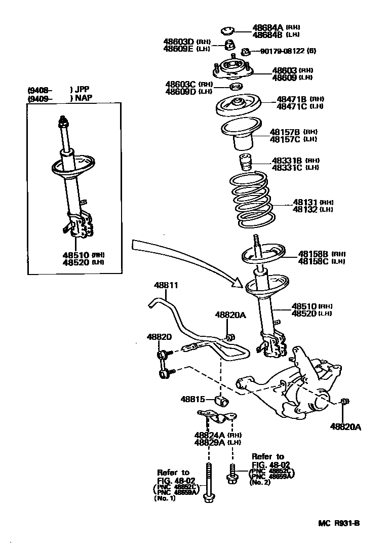 Toyota COROLLA Front Spring & Shock Absorber EPC diagram — MCR931B