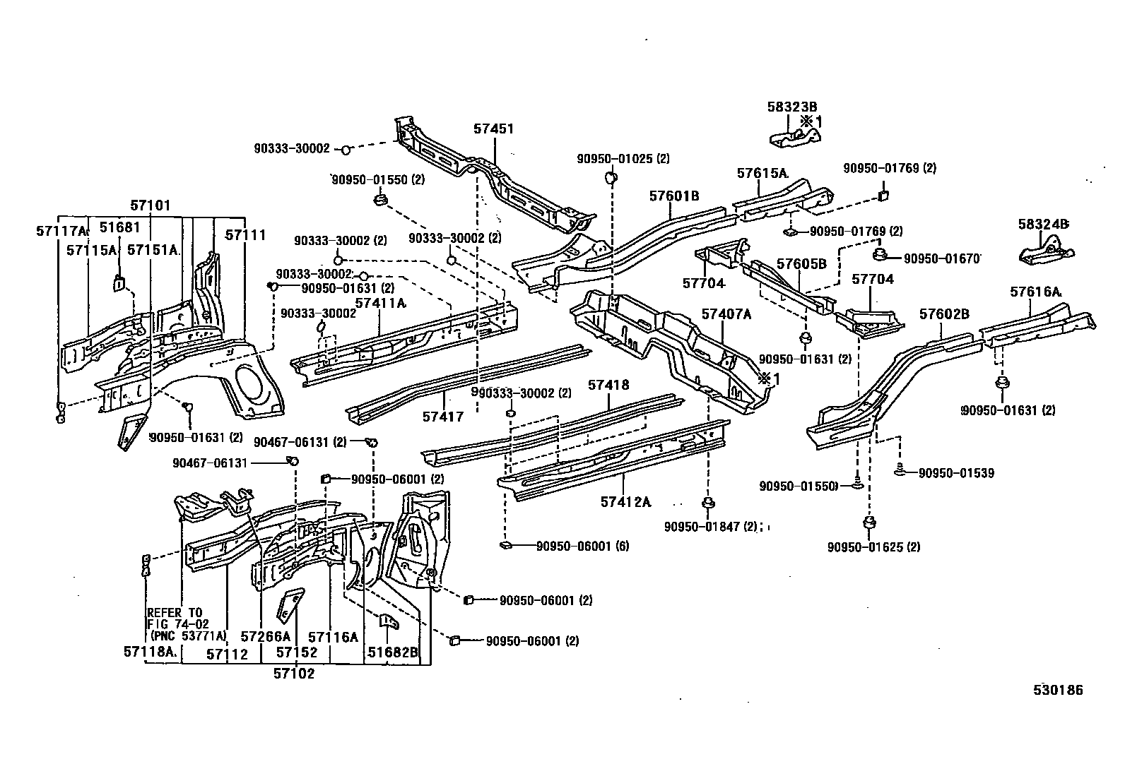 Toyota COROLLA Floor stringers EPC diagram — 530186