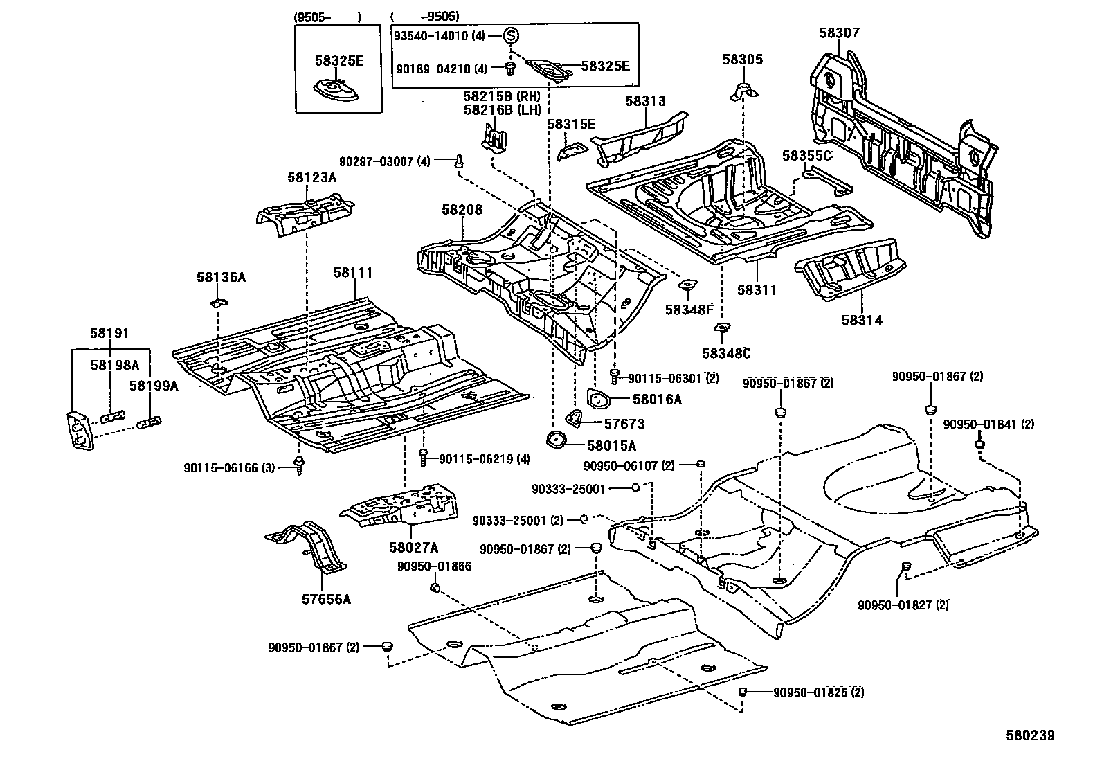 Toyota COROLLA 浅盘形地板和车身下背板 EPC diagram — 580239