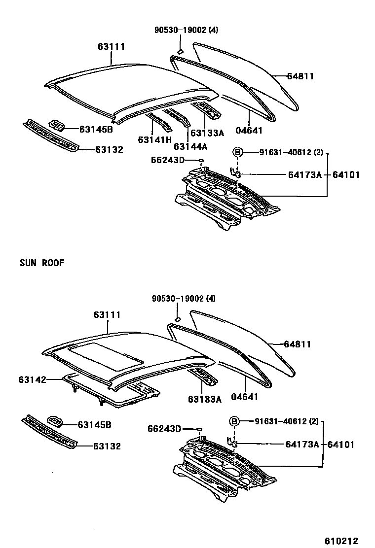 Toyota COROLLA 天窗板和背窗玻璃 EPC diagram — 610212