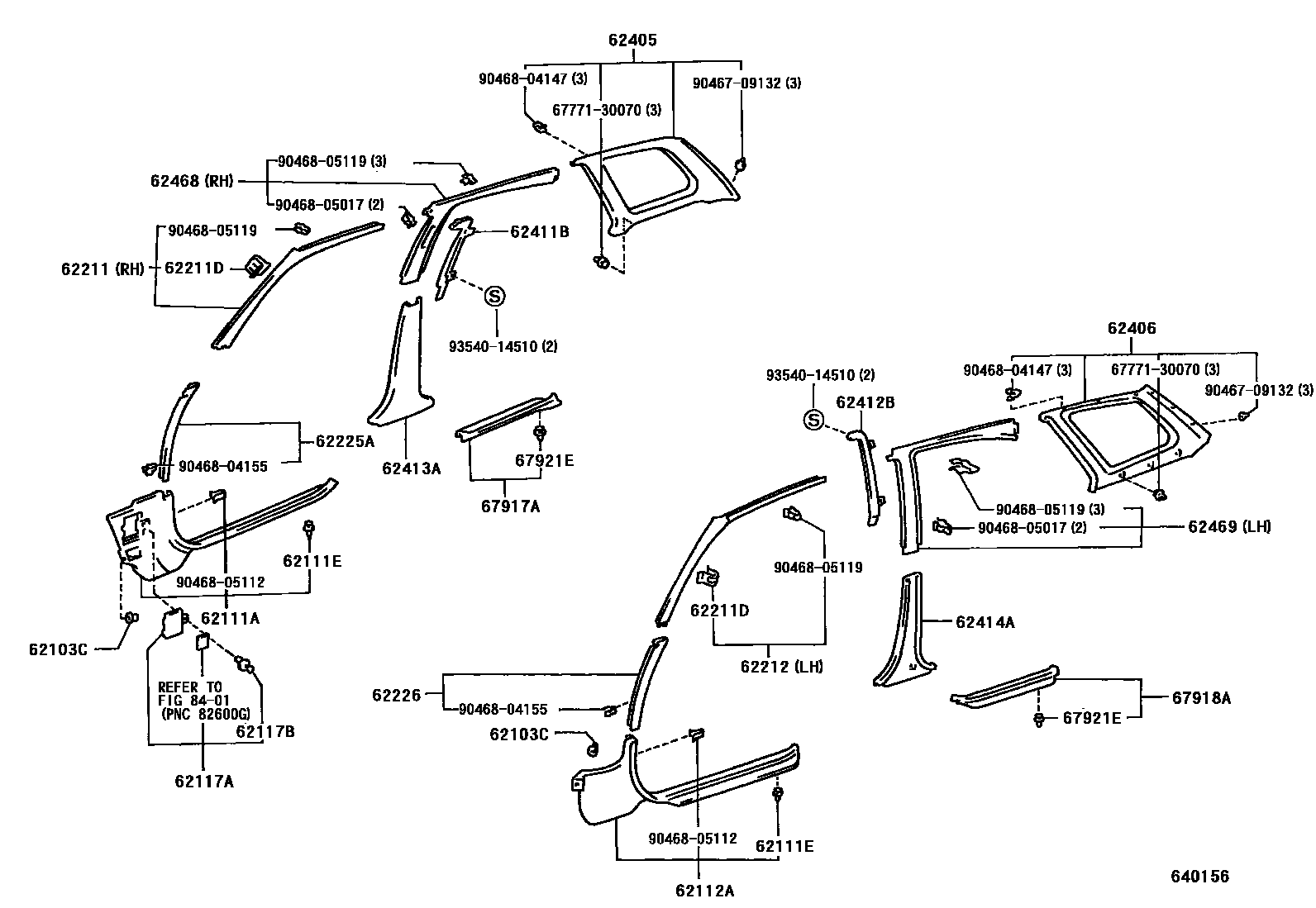 Toyota COROLLA 内饰板和车门防水胶条 EPC diagram — 640156