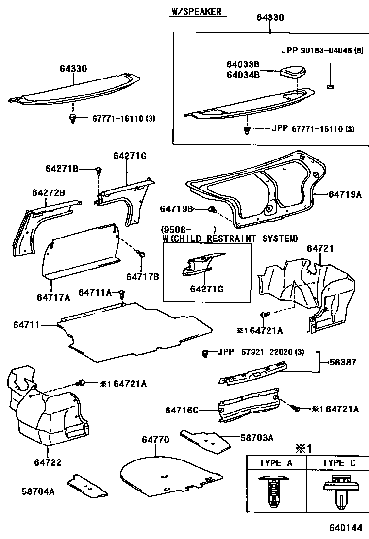 Toyota COROLLA 杂物箱板和行李箱垫 EPC diagram — 640144