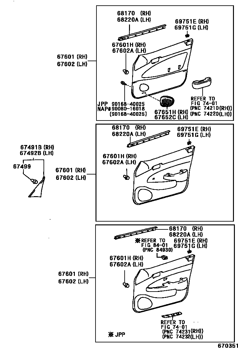 Toyota COROLLA 前门板和前门玻璃 EPC diagram — 670351