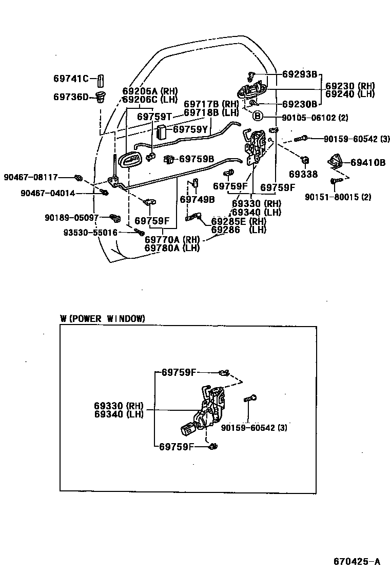 Toyota COROLLA 后门锁和后门把手 EPC diagram — 670425A