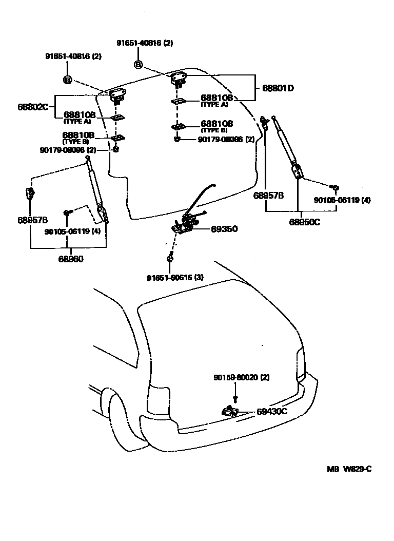 Toyota COROLLA 背门锁和背门把手 EPC diagram — MBW829C