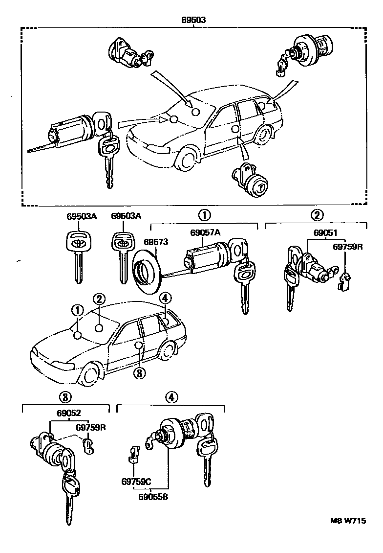Toyota COROLLA 锁芯组件 EPC diagram — MBW715