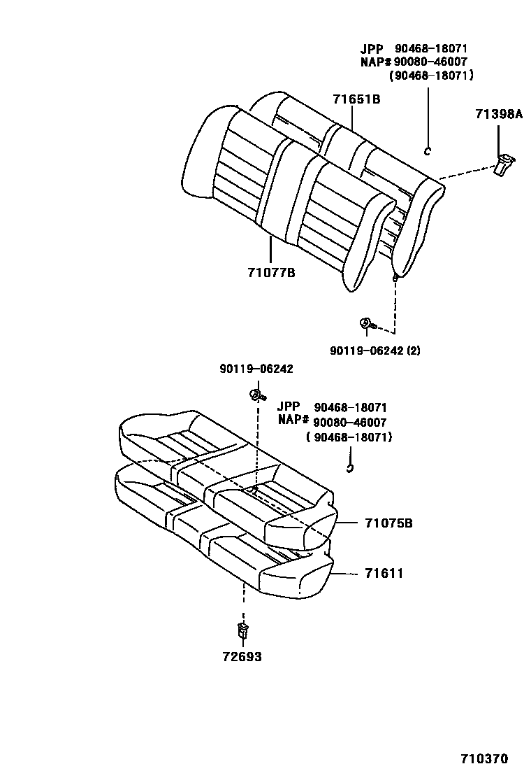 Toyota COROLLA 后排座椅和座椅滑轨 EPC diagram — 710370