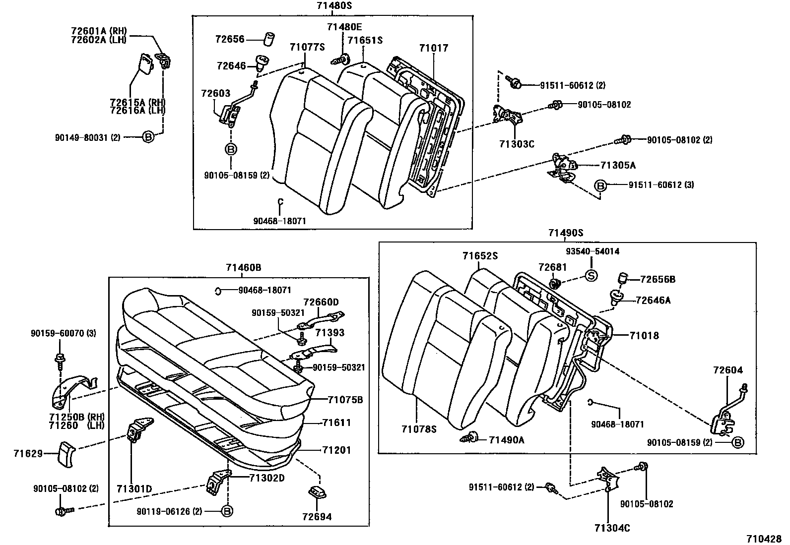 Toyota COROLLA 后排座椅和座椅滑轨 EPC diagram — 710428