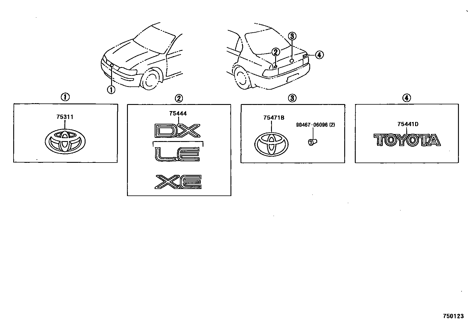 Toyota COROLLA 丰田徽标和铭牌(车外和车内) EPC diagram — 750123