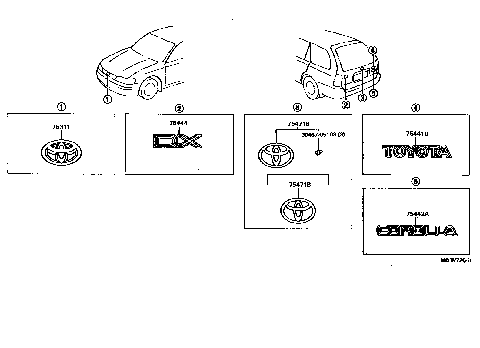 Toyota COROLLA 丰田徽标和铭牌(车外和车内) EPC diagram — MBW726D