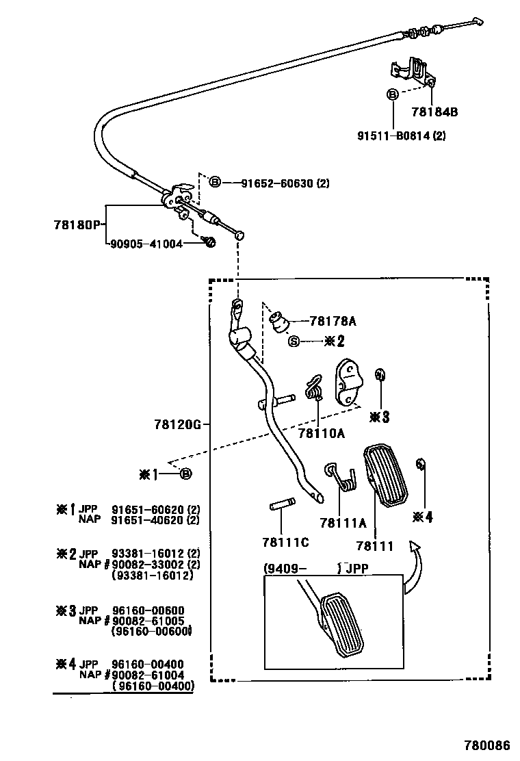Toyota COROLLA accelerator pedal connecting rod EPC diagram — 780086