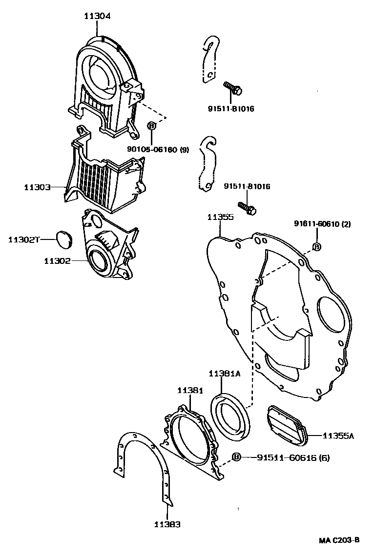 Toyota COROLLA Timing Gear Cover & Rear End Plate EPC diagram — MAC203B