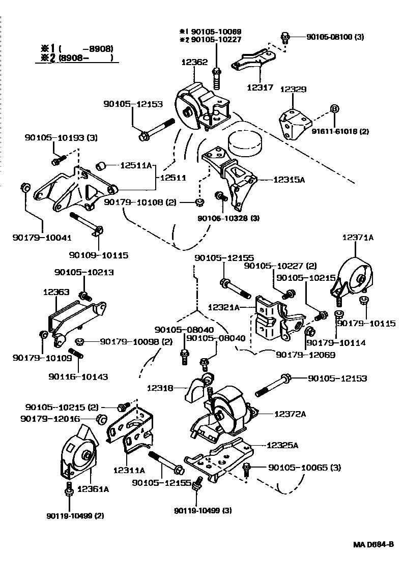 Toyota COROLLA Engine Mounting EPC diagram — MAD684B