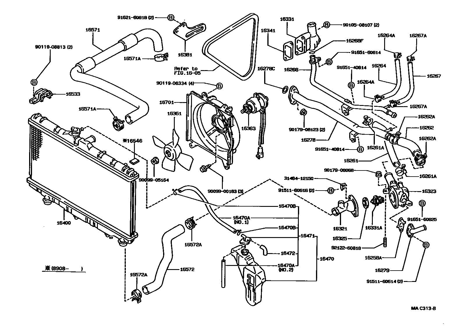 Toyota COROLLA RADIATOR & WATER OUTLET EPC diagram — MAC313B