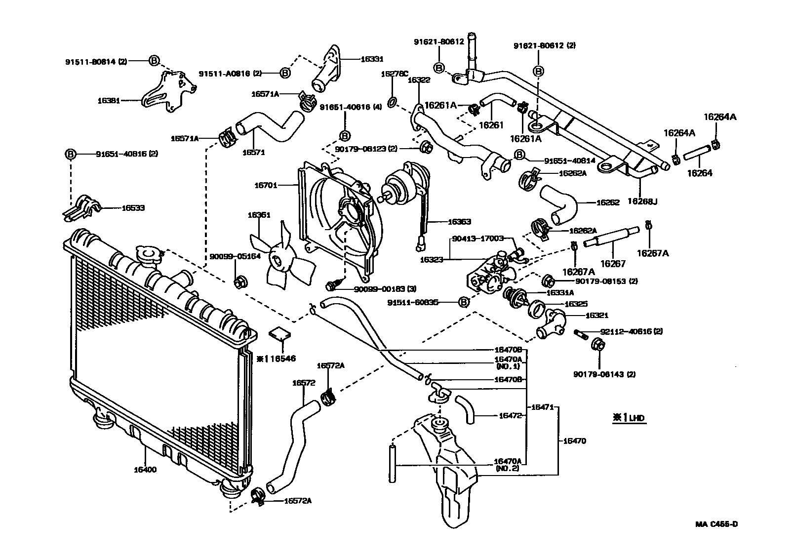 Toyota COROLLA RADIATOR & WATER OUTLET EPC diagram — MAC455D