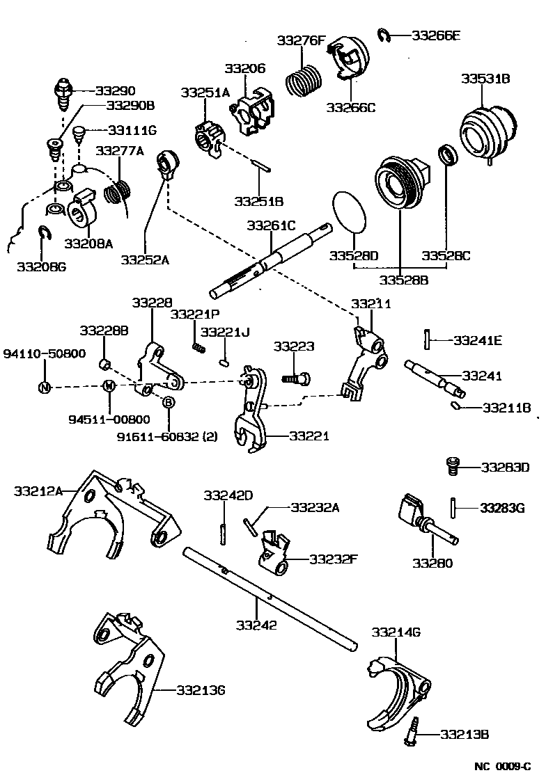 Toyota COROLLA 换档拨叉和换档杆轴(MTM) EPC diagram — NC0009C